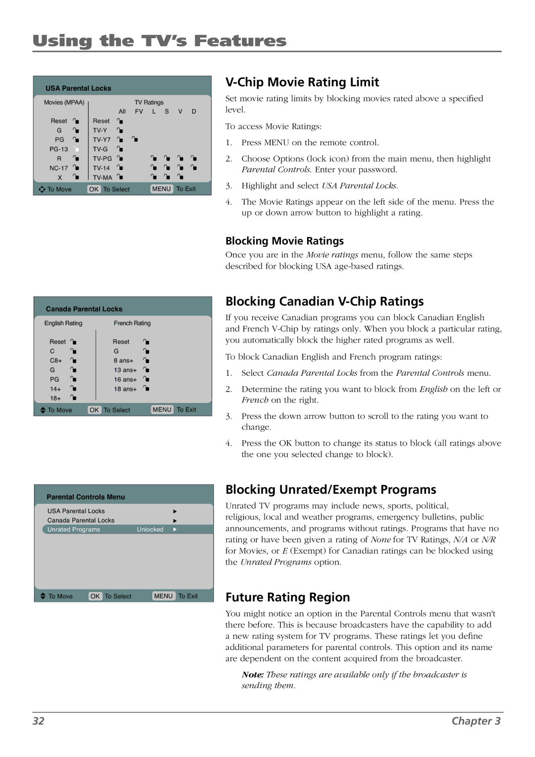RCA L32WD22, L37WD23, L26WD22 Chip Movie Rating Limit, Blocking Canadian V-Chip Ratings, Blocking Unrated/Exempt Programs 