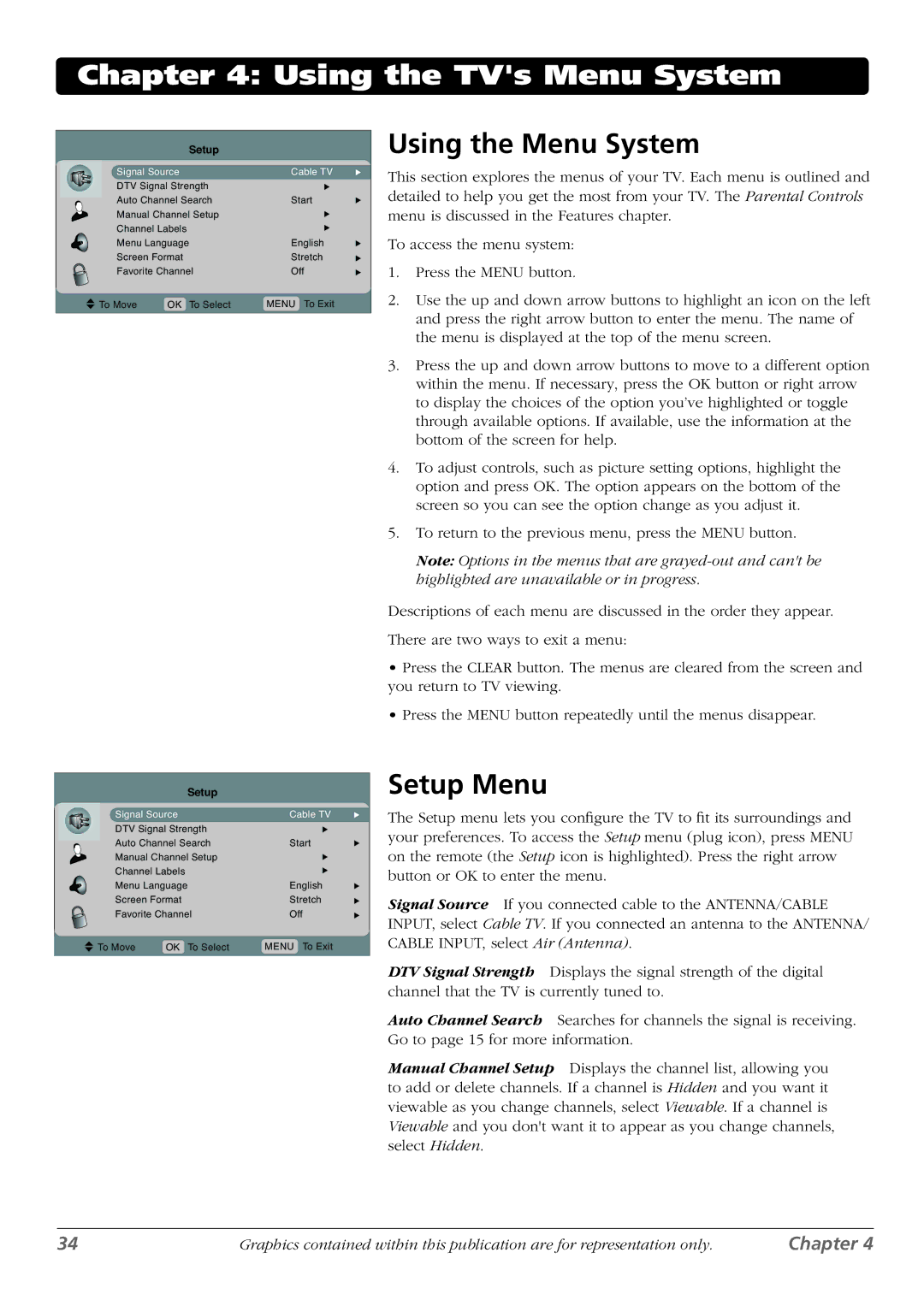 RCA L32WD23, L37WD23, L26WD22, L32WD22, L26WD23 warranty Using the Menu System, Setup Menu 