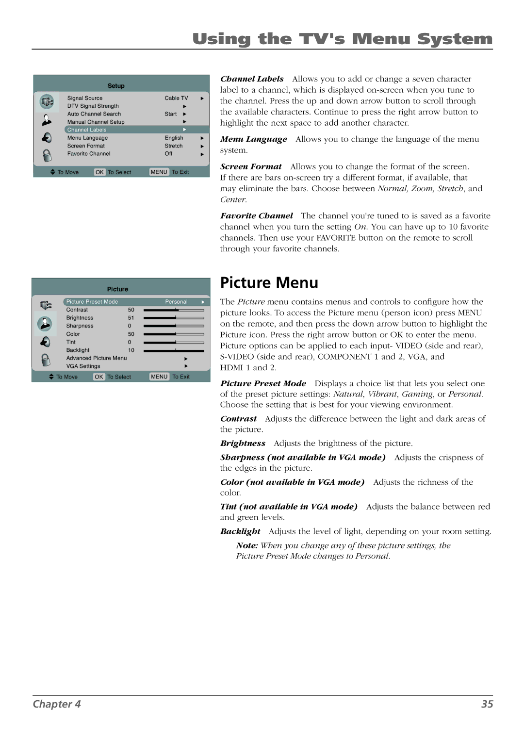 RCA L37WD23, L26WD22, L32WD22, L26WD23, L32WD23 warranty Using the TVs Menu System, Picture Menu 