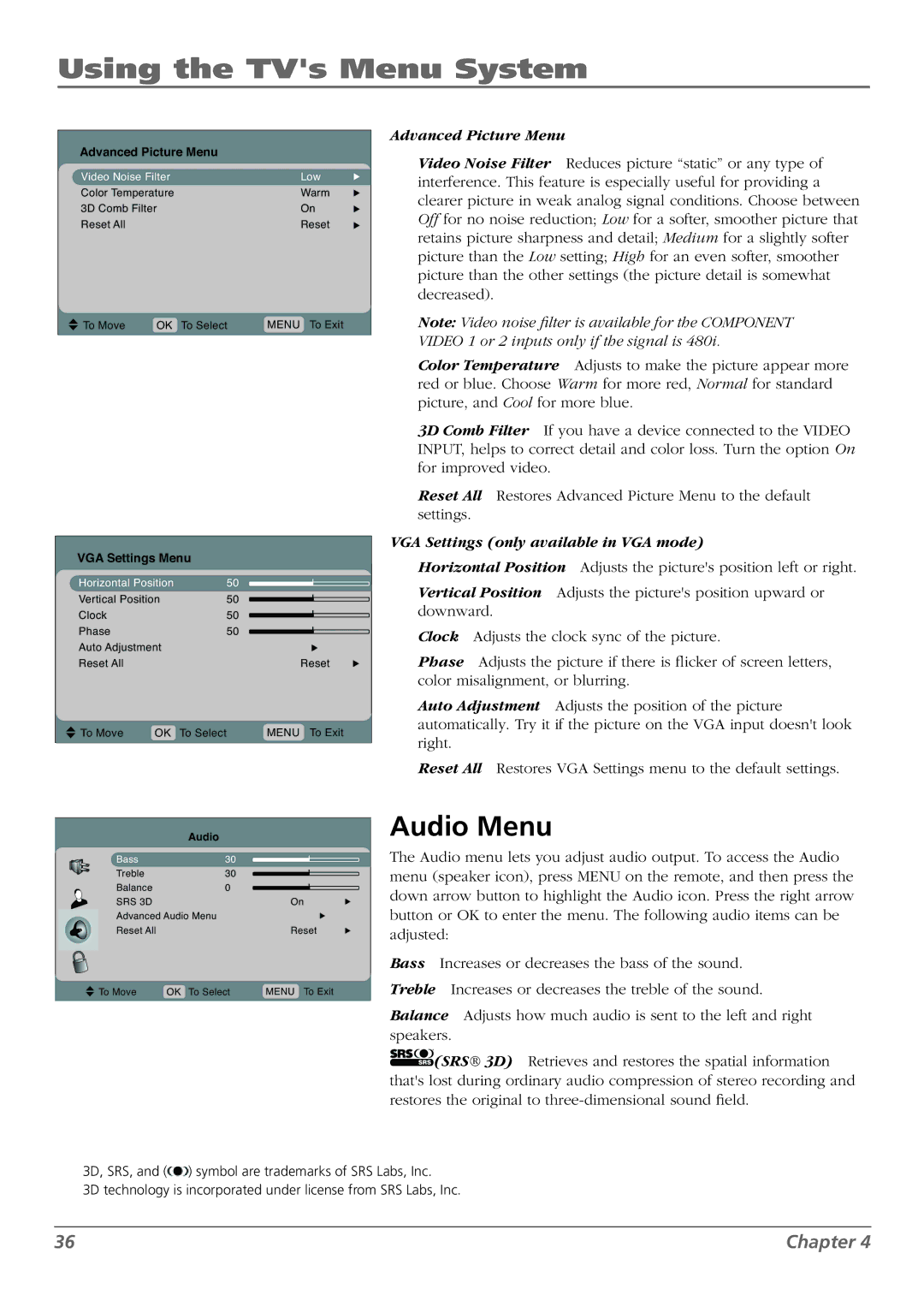 RCA L26WD22, L37WD23, L32WD22, L26WD23, L32WD23 warranty Audio Menu, Advanced Picture Menu 