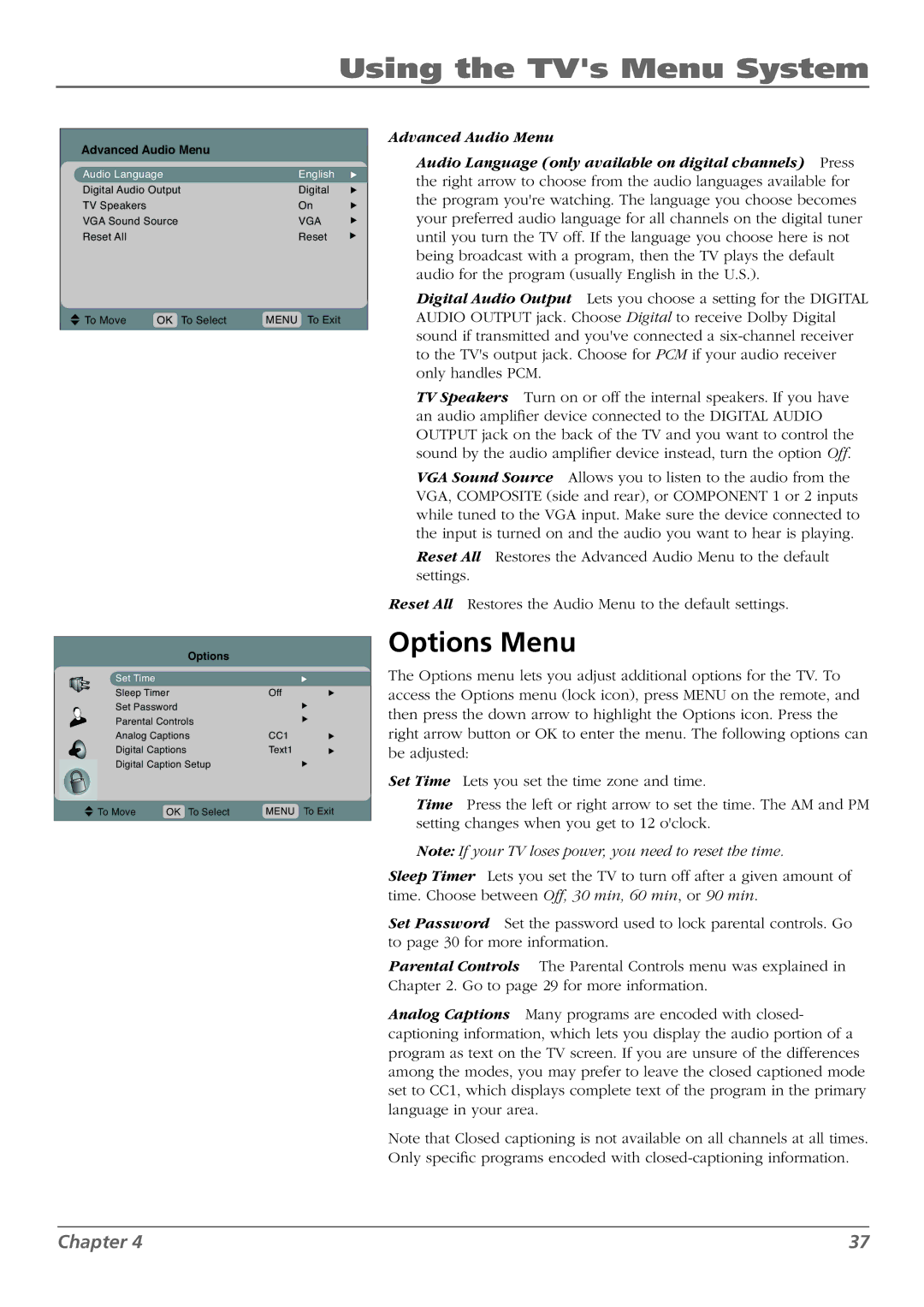 RCA L32WD22, L37WD23, L26WD22, L26WD23, L32WD23 warranty Options Menu, Advanced Audio Menu 