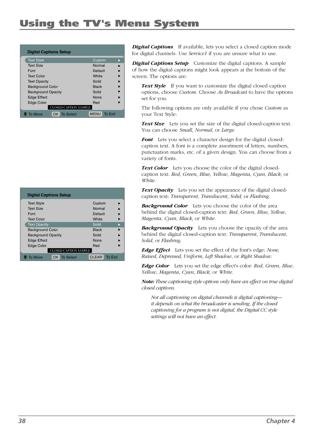 RCA L26WD23, L37WD23, L26WD22, L32WD22, L32WD23 warranty Digital Captions Setup, Text Style Custom 