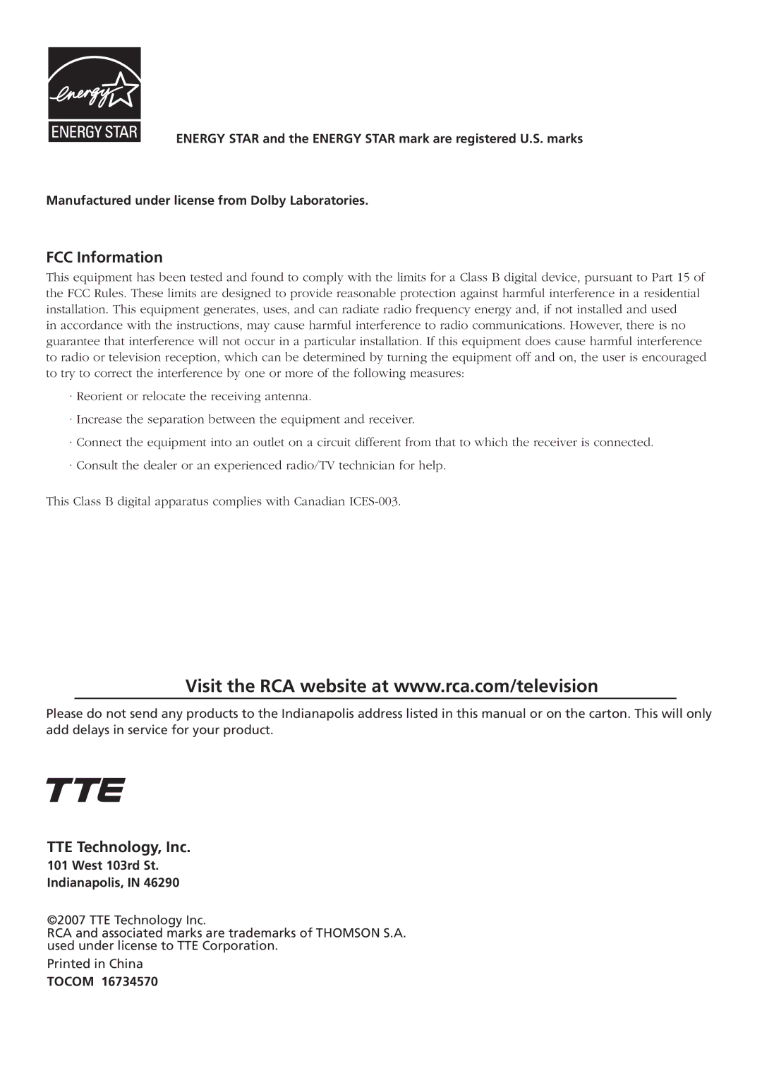 RCA L26WD23, L37WD23, L26WD22, L32WD22, L32WD23 FCC Information, TTE Technology, Inc, West 103rd St Indianapolis, Tocom 