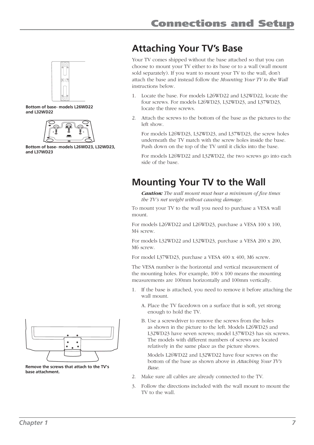 RCA L32WD22, L37WD23, L26WD22, L26WD23, L32WD23 Connections and Setup, Attaching Your TV’s Base, Mounting Your TV to the Wall 