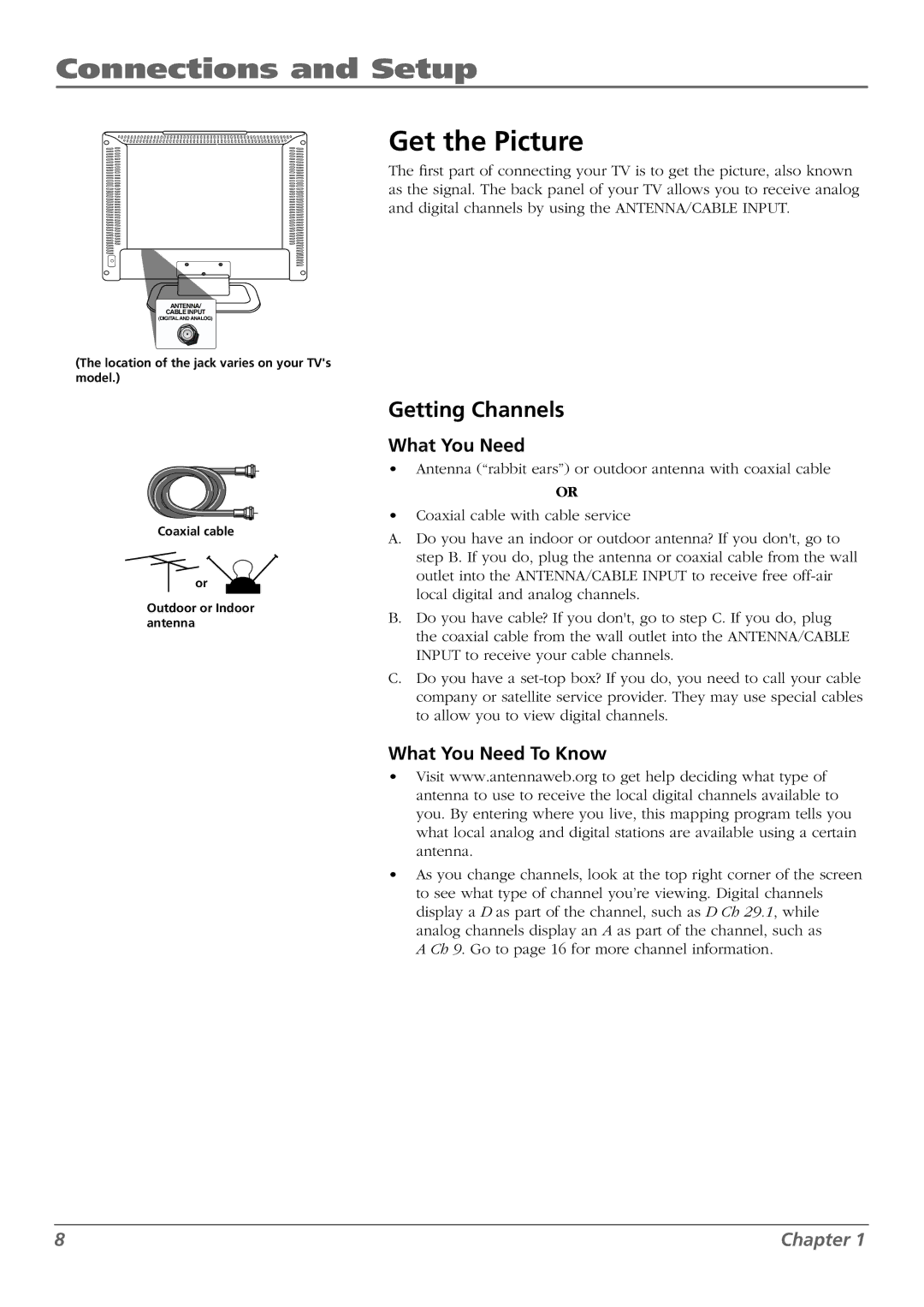 RCA L26WD23, L37WD23, L26WD22, L32WD22, L32WD23 warranty Get the Picture, Getting Channels, What You Need To Know 