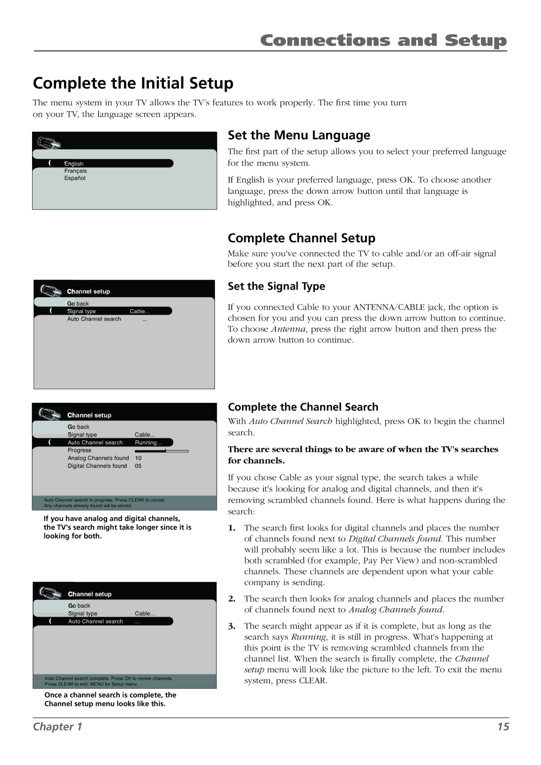 RCA L37WD250, L42WD250 Complete the Initial Setup, Set the Menu Language, Complete Channel Setup, Set the Signal Type 