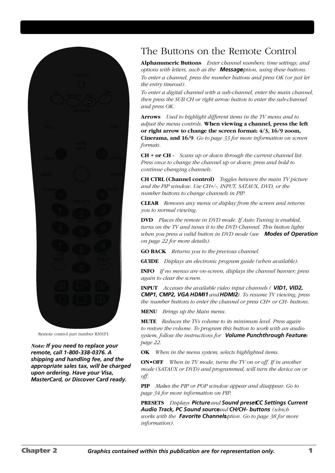 RCA L42WD250, L37WD250, L46WD250 warranty Using the Remote Control, Buttons on the Remote Control 