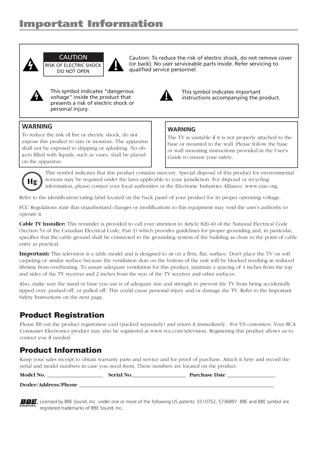 RCA L46WD250, L37WD250, L42WD250 warranty Important Information, Product Registration Product Information 