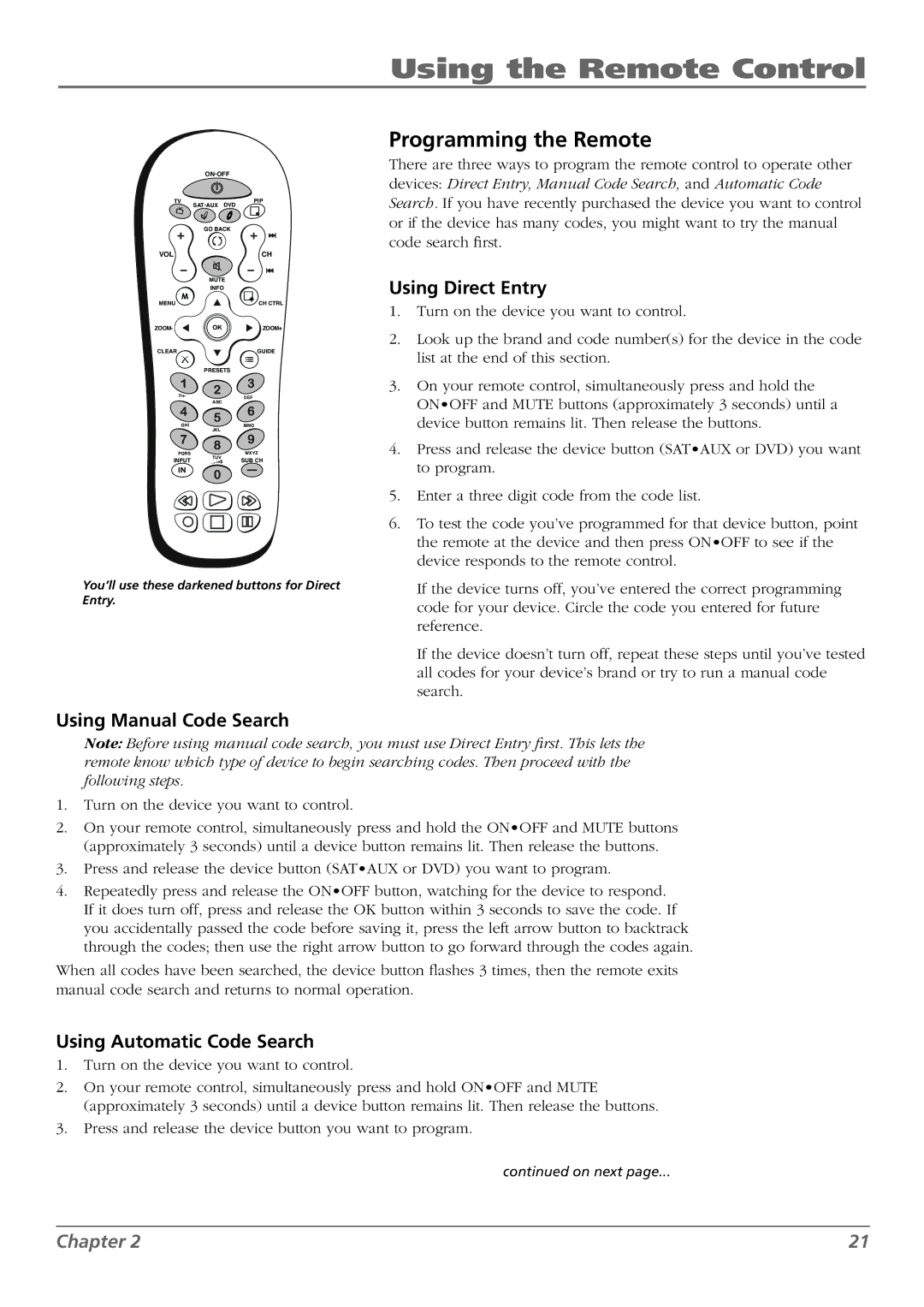 RCA L37WD250, L42WD250 Programming the Remote, Using Direct Entry, Using Manual Code Search, Using Automatic Code Search 