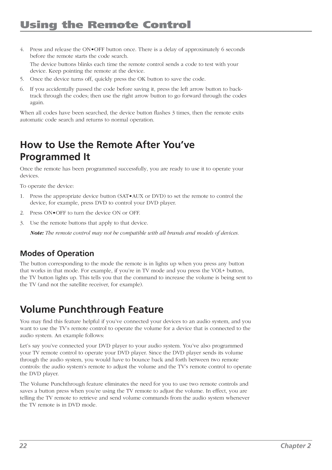 RCA L42WD250, L37WD250 How to Use the Remote After You’ve Programmed It, Volume Punchthrough Feature, Modes of Operation 