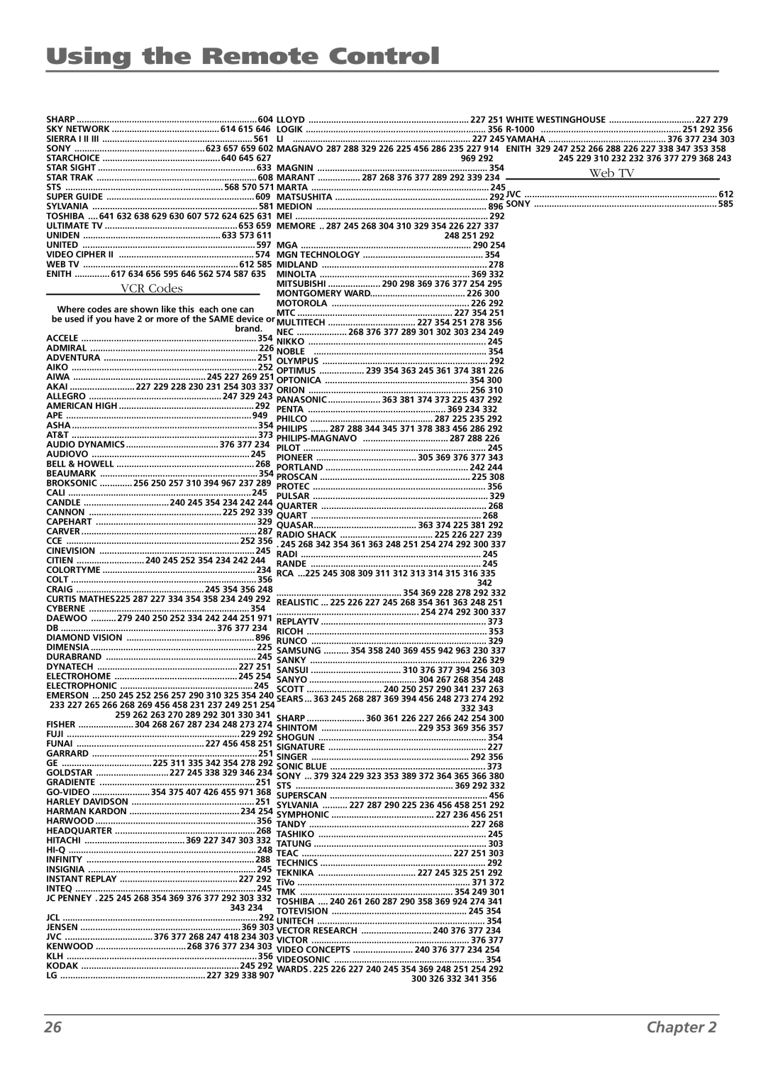 RCA L46WD250, L37WD250, L42WD250 warranty VCR Codes, Web TV 