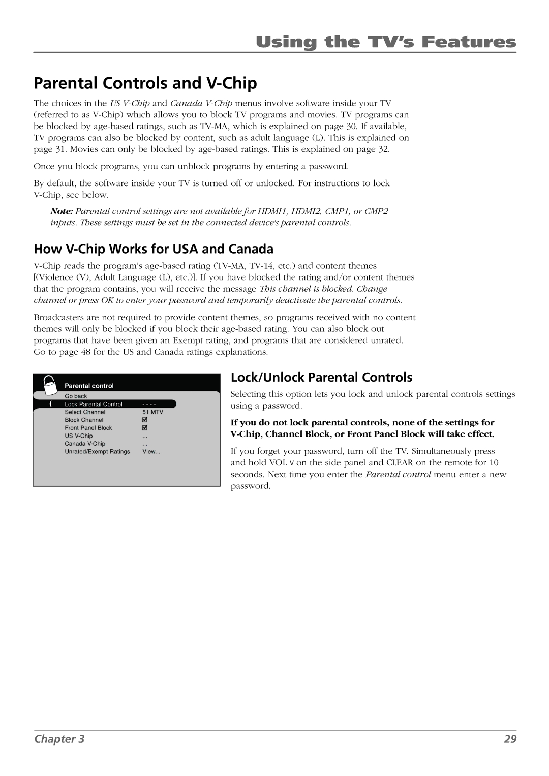 RCA L46WD250, L37WD250 Parental Controls and V-Chip, How V-Chip Works for USA and Canada, Lock/Unlock Parental Controls 