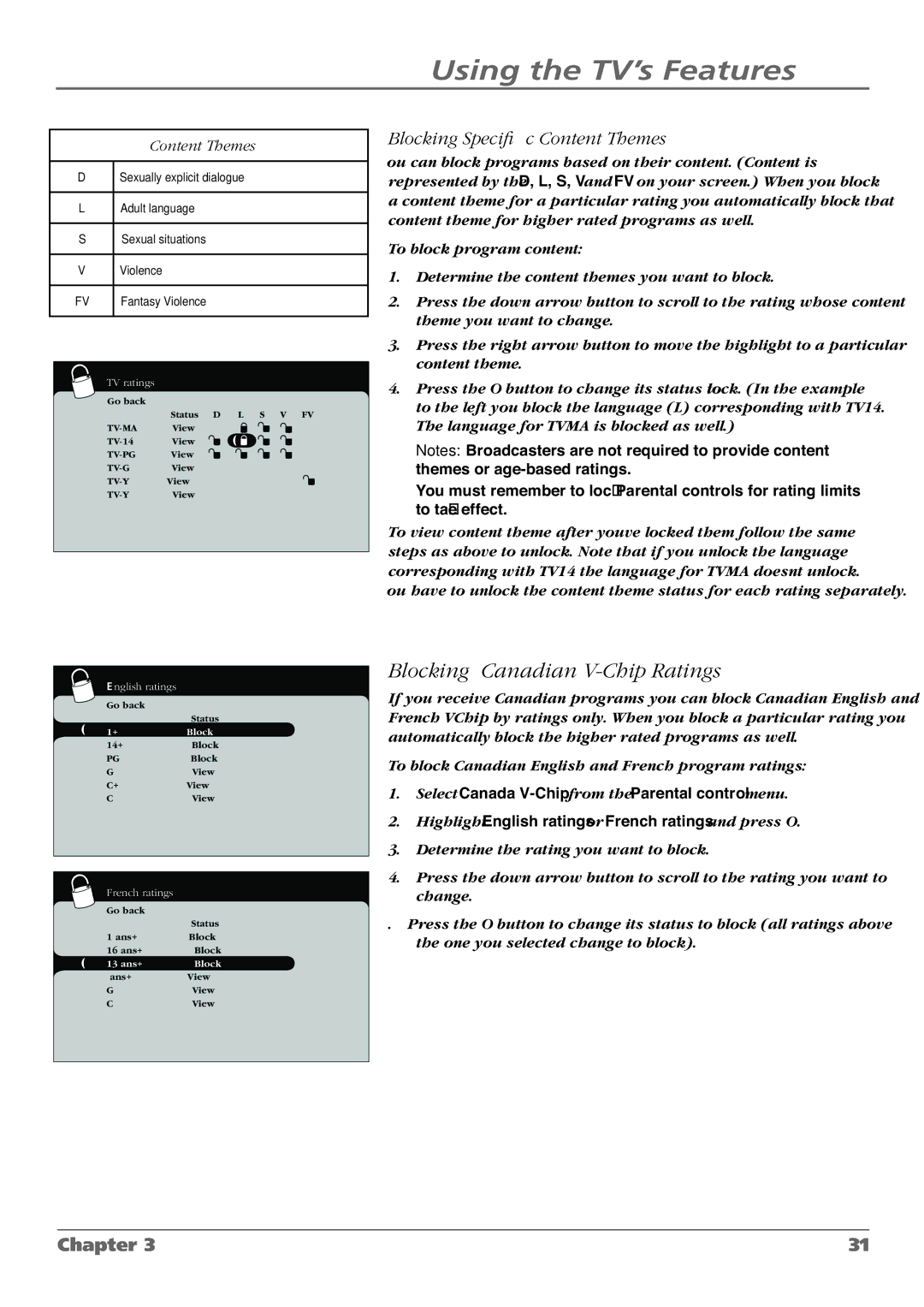 RCA L42WD250, L37WD250, L46WD250 warranty Blocking Canadian V-Chip Ratings, Blocking Speciﬁc Content Themes 