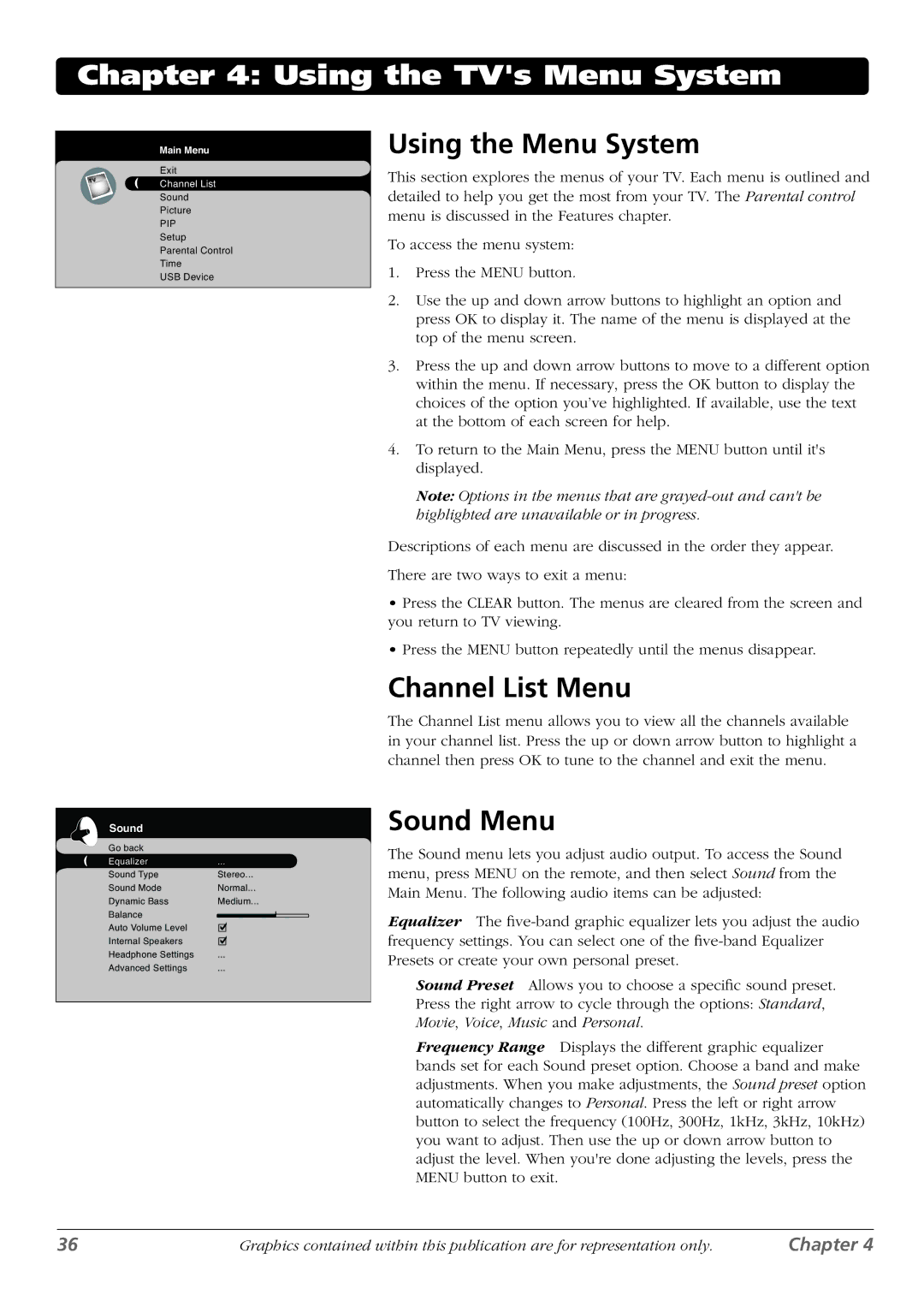 RCA L37WD250, L42WD250, L46WD250 warranty Using the Menu System, Channel List Menu, Sound Menu 