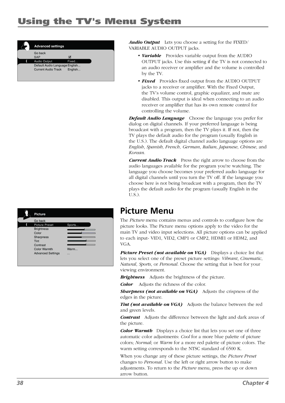 RCA L46WD250, L37WD250, L42WD250 warranty Picture Menu 