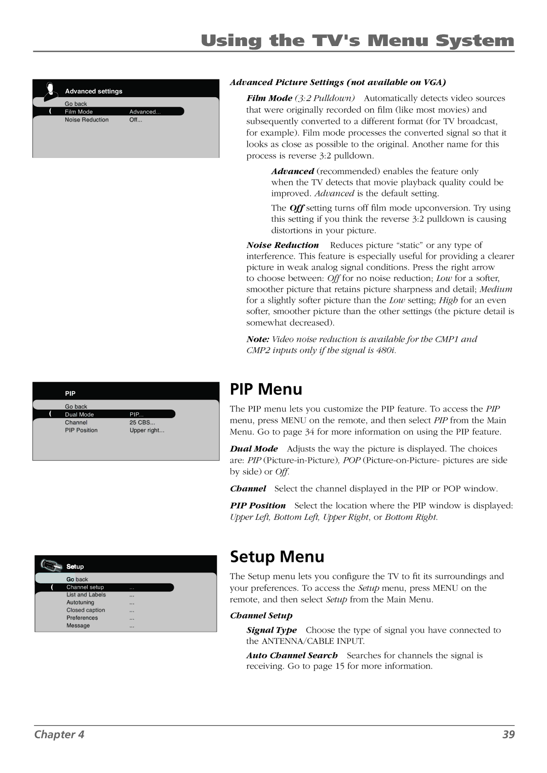 RCA L37WD250, L42WD250, L46WD250 warranty PIP Menu, Setup Menu 