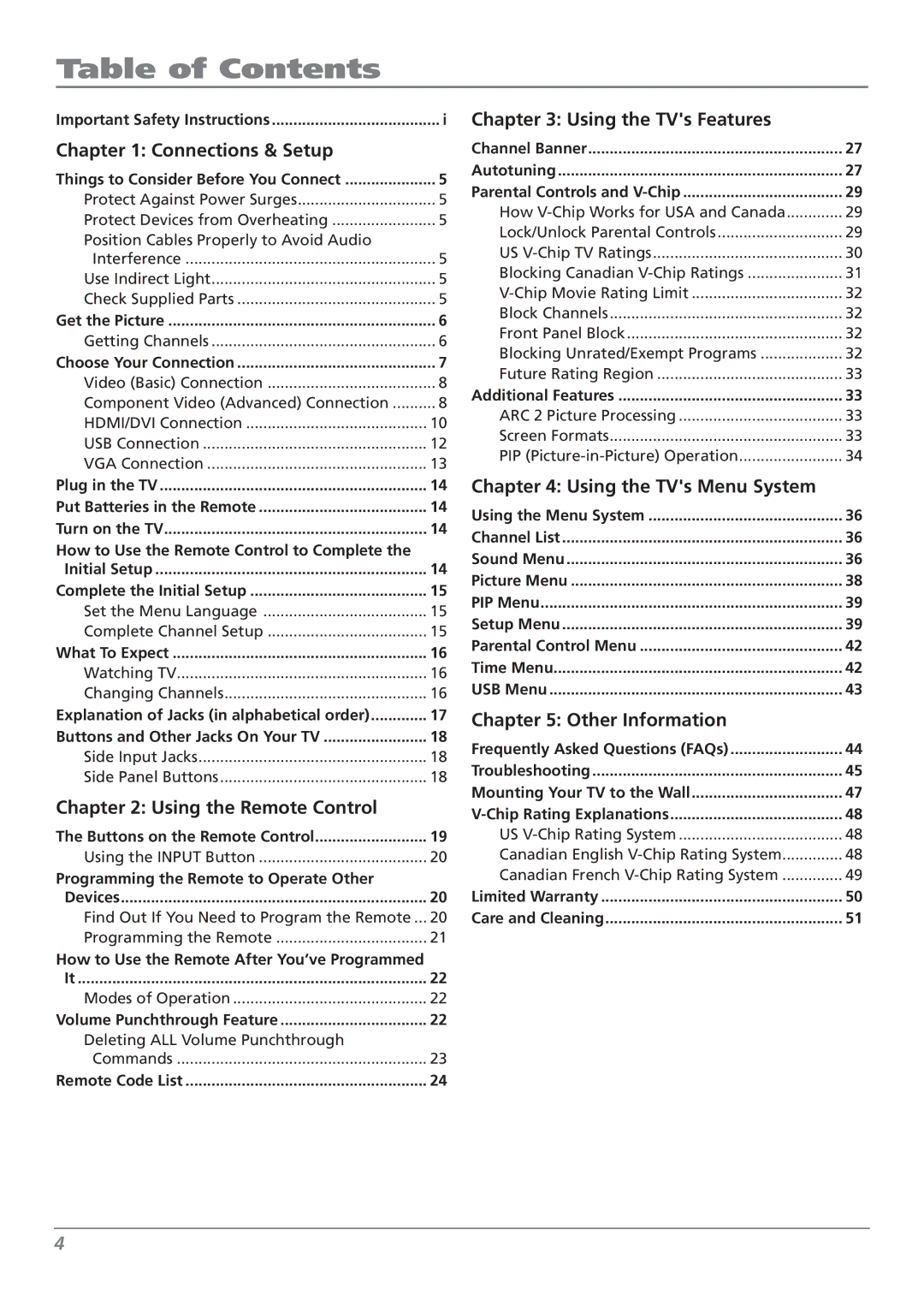 RCA L42WD250, L37WD250, L46WD250 warranty Table of Contents 