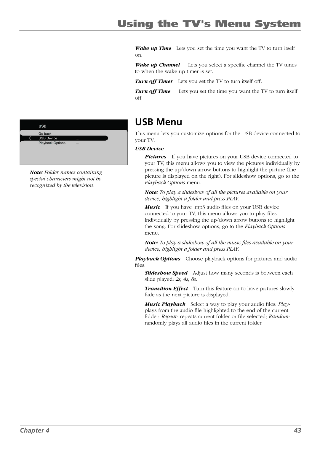 RCA L42WD250, L37WD250, L46WD250 warranty USB Menu, USB Device 