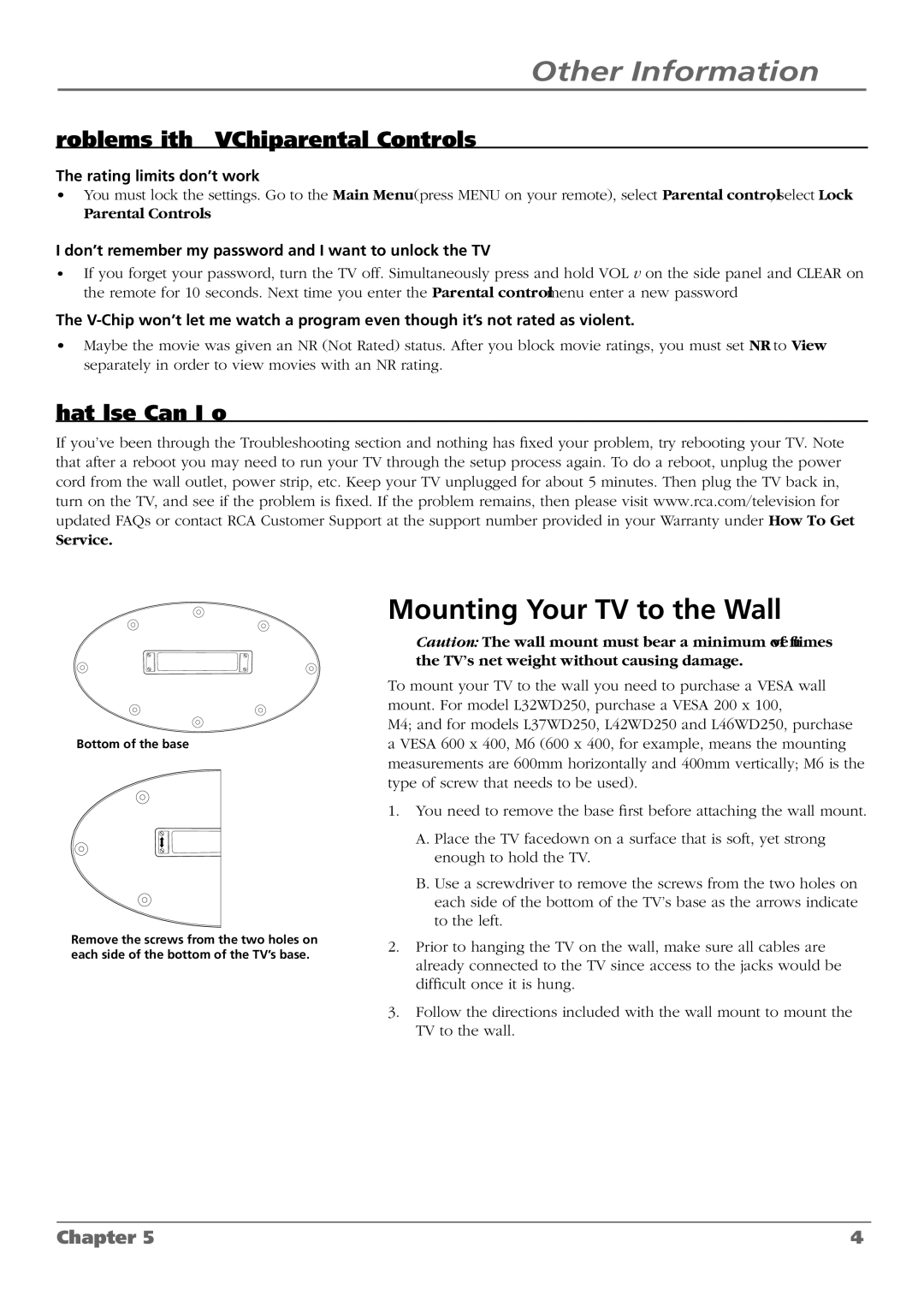 RCA L46WD250, L37WD250, L42WD250 warranty Mounting Your TV to the Wall, Rating limits don’t work 