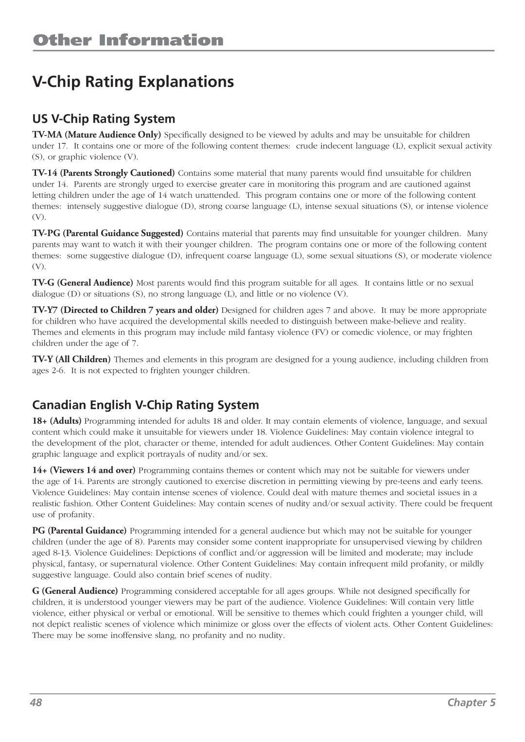 RCA L37WD250, L42WD250, L46WD250 Chip Rating Explanations, US V-Chip Rating System, Canadian English V-Chip Rating System 