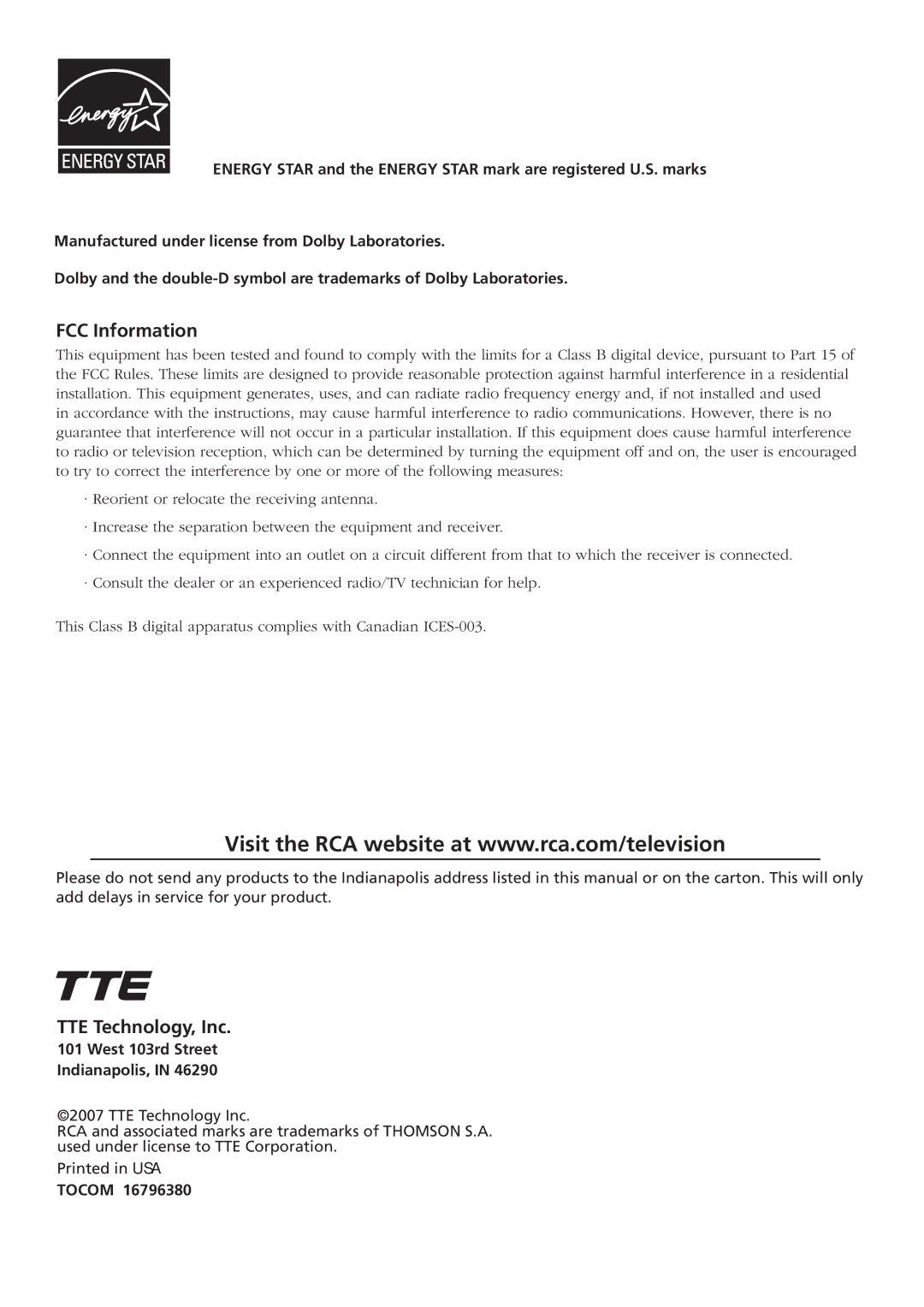 RCA L42WD250, L37WD250, L46WD250 warranty FCC Information, TTE Technology, Inc, West 103rd Street Indianapolis, Tocom 