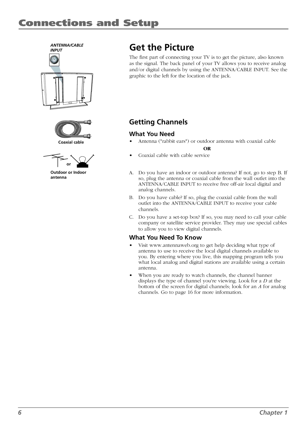 RCA L37WD250, L42WD250, L46WD250 warranty Connections and Setup, Get the Picture, Getting Channels, What You Need To Know 