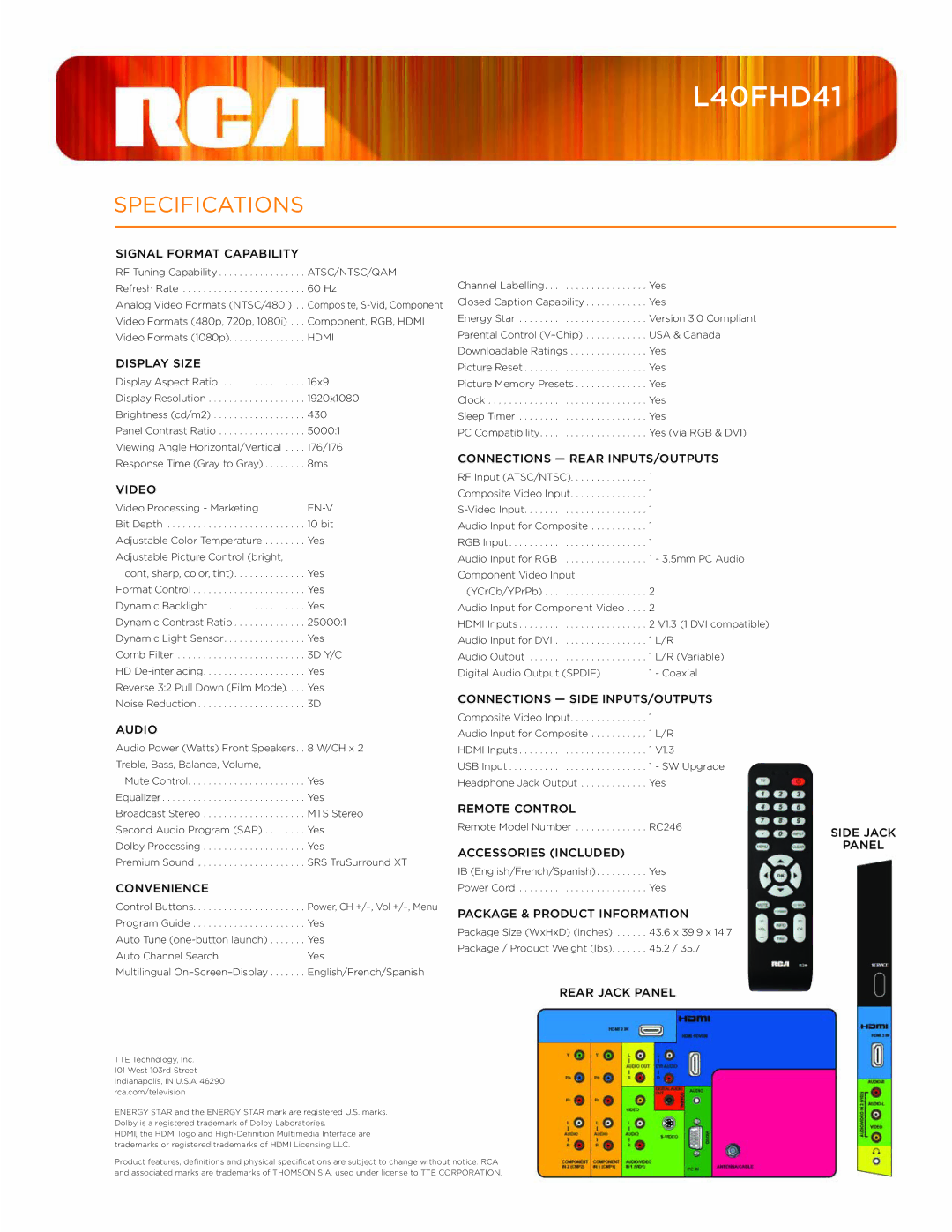 RCA L40FHD41 manual Specifications 