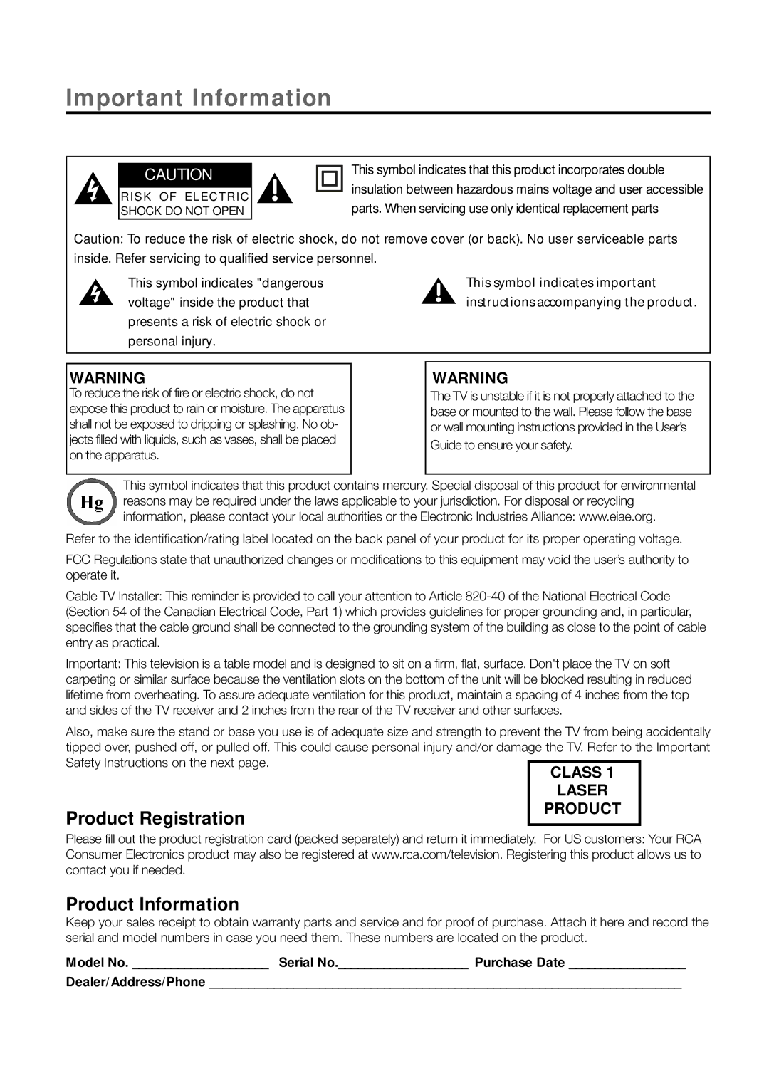 RCA L40HD33D warranty Important Information 