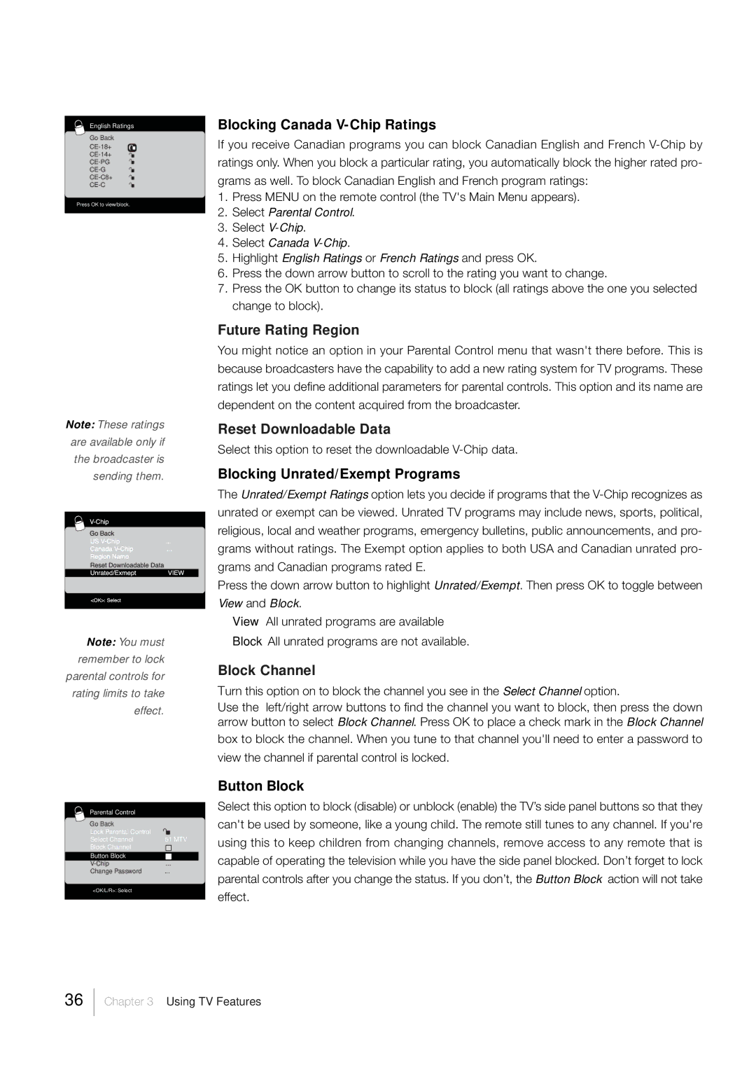 RCA L40HD33D warranty Future Rating Region, Reset Downloadable Data, Block Channel 