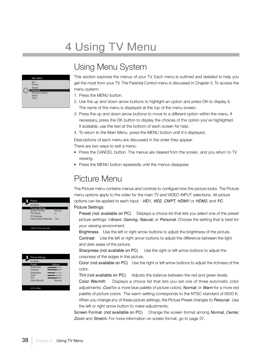 RCA L40HD33D warranty Using TV Menu, Using Menu System, Picture Menu 