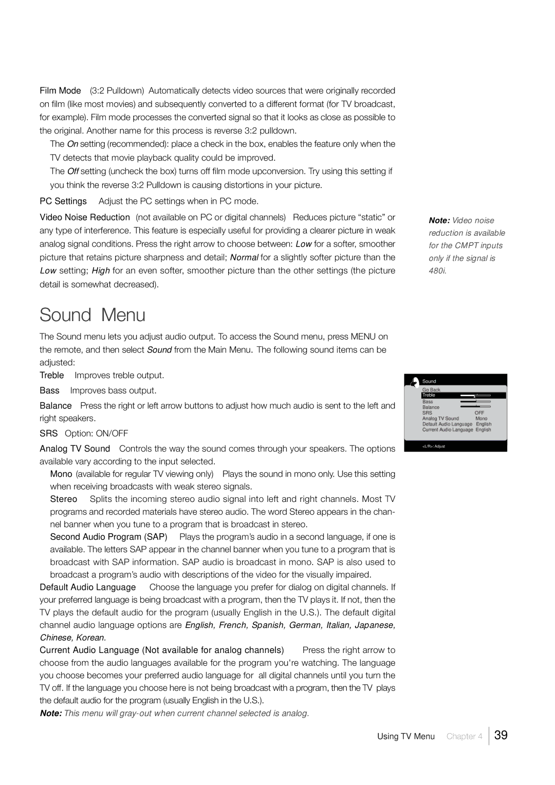 RCA L40HD33D warranty Sound Menu, Using TV Menu Chapter 