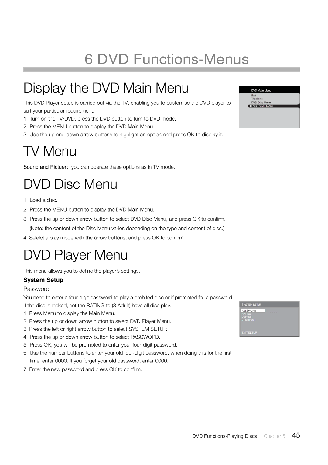 RCA L40HD33D warranty DVD Functions-Menus, System Setup, Password 