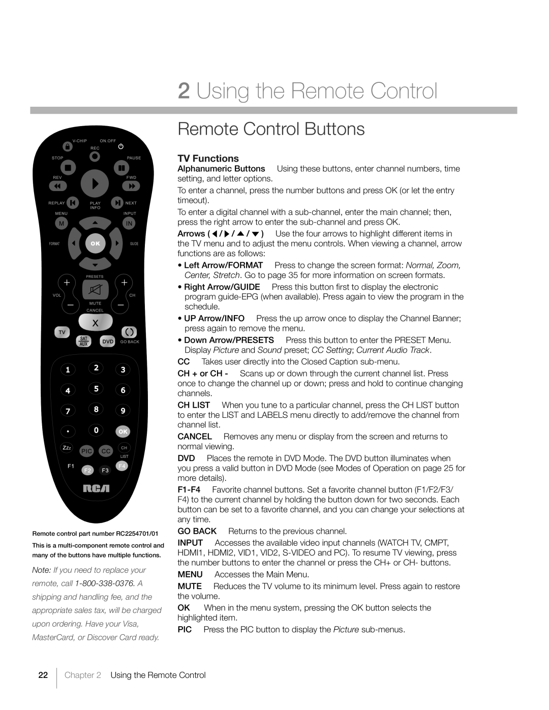 RCA L40HD36 warranty Remote Control Buttons, TV Functions 