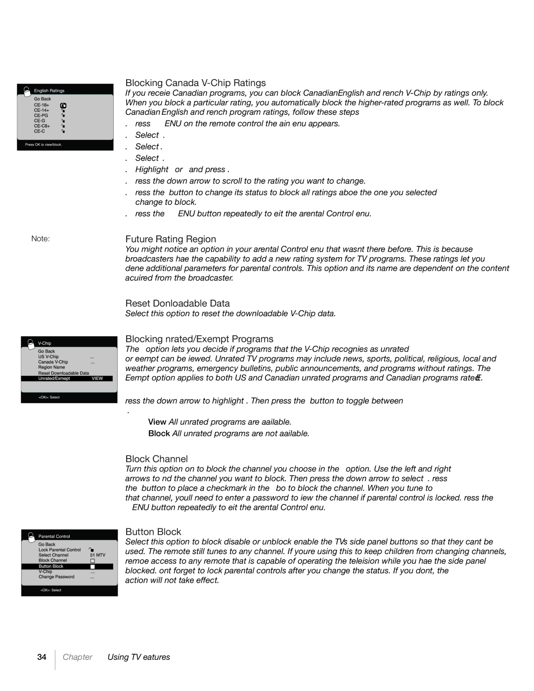 RCA L40HD36 Blocking Canada V-Chip Ratings, Future Rating Region, Reset Downloadable Data, Block Channel, Button Block 