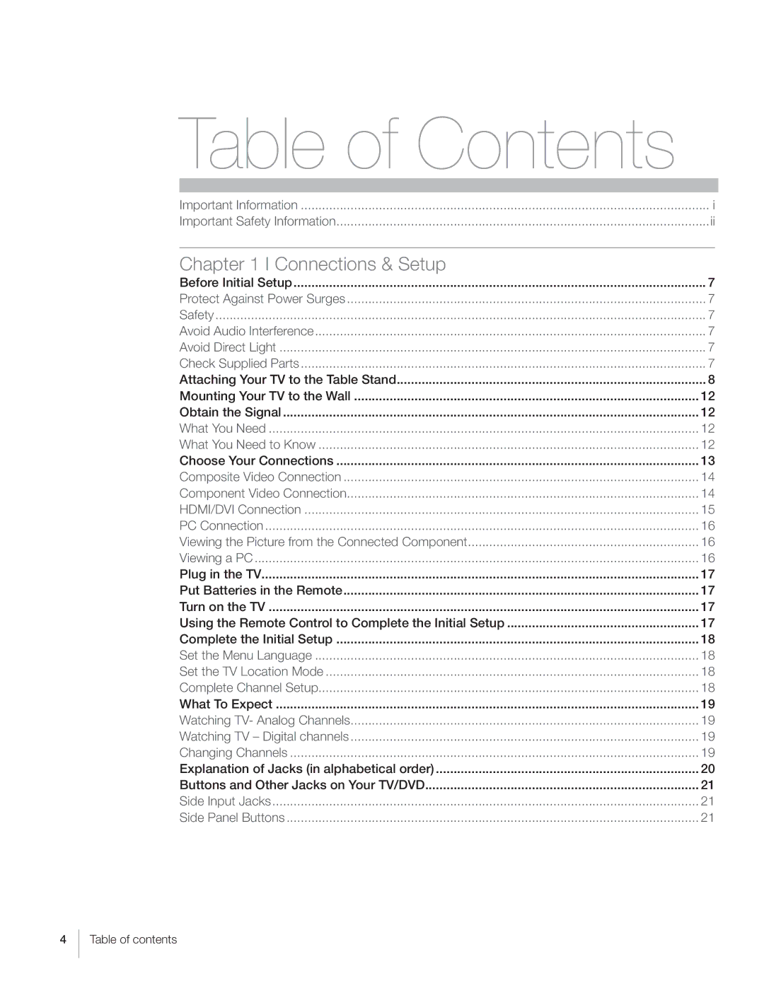 RCA L40HD36 warranty Table of Contents 