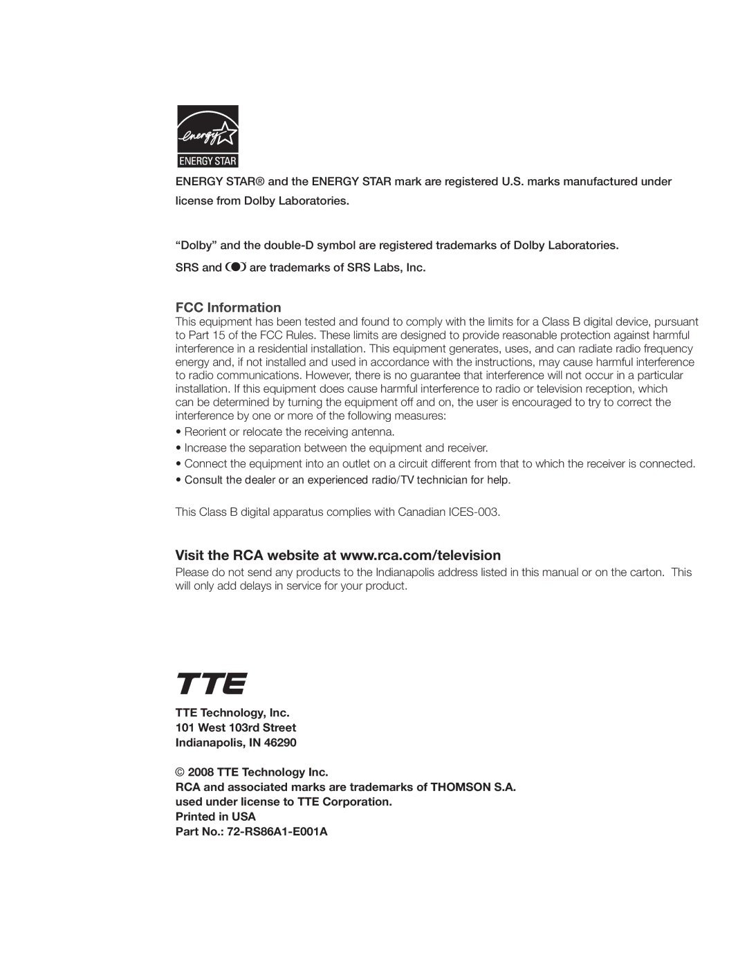 RCA L40HD36 warranty FCC Information 