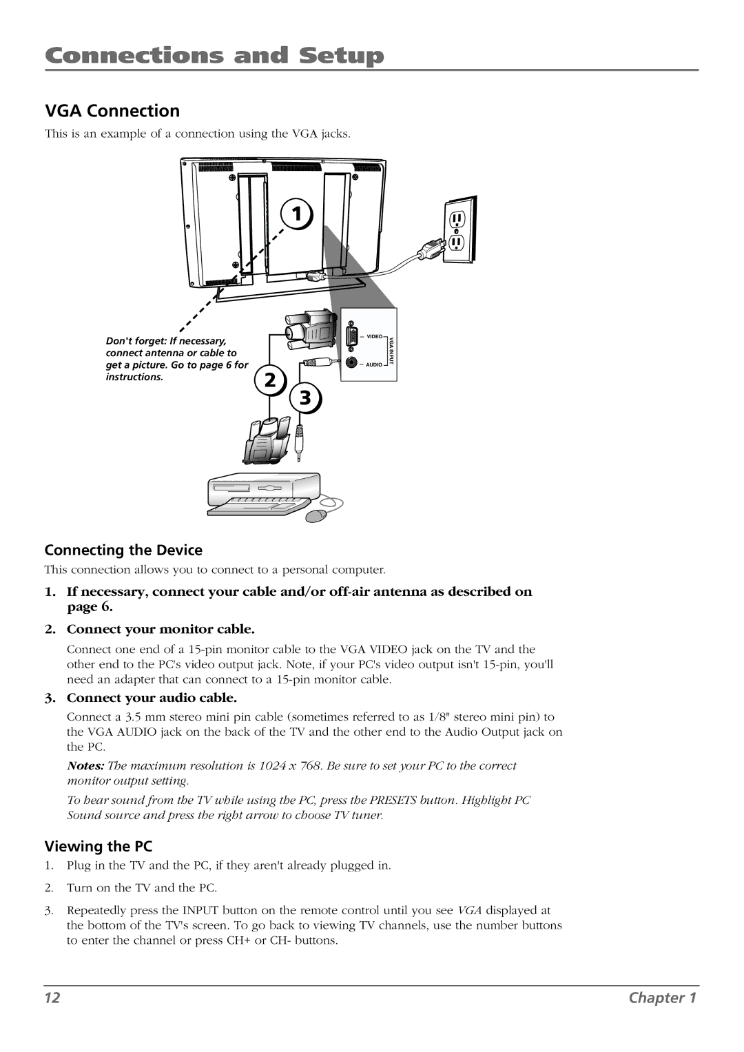 RCA L42FHD28 warranty VGA Connection, Viewing the PC 