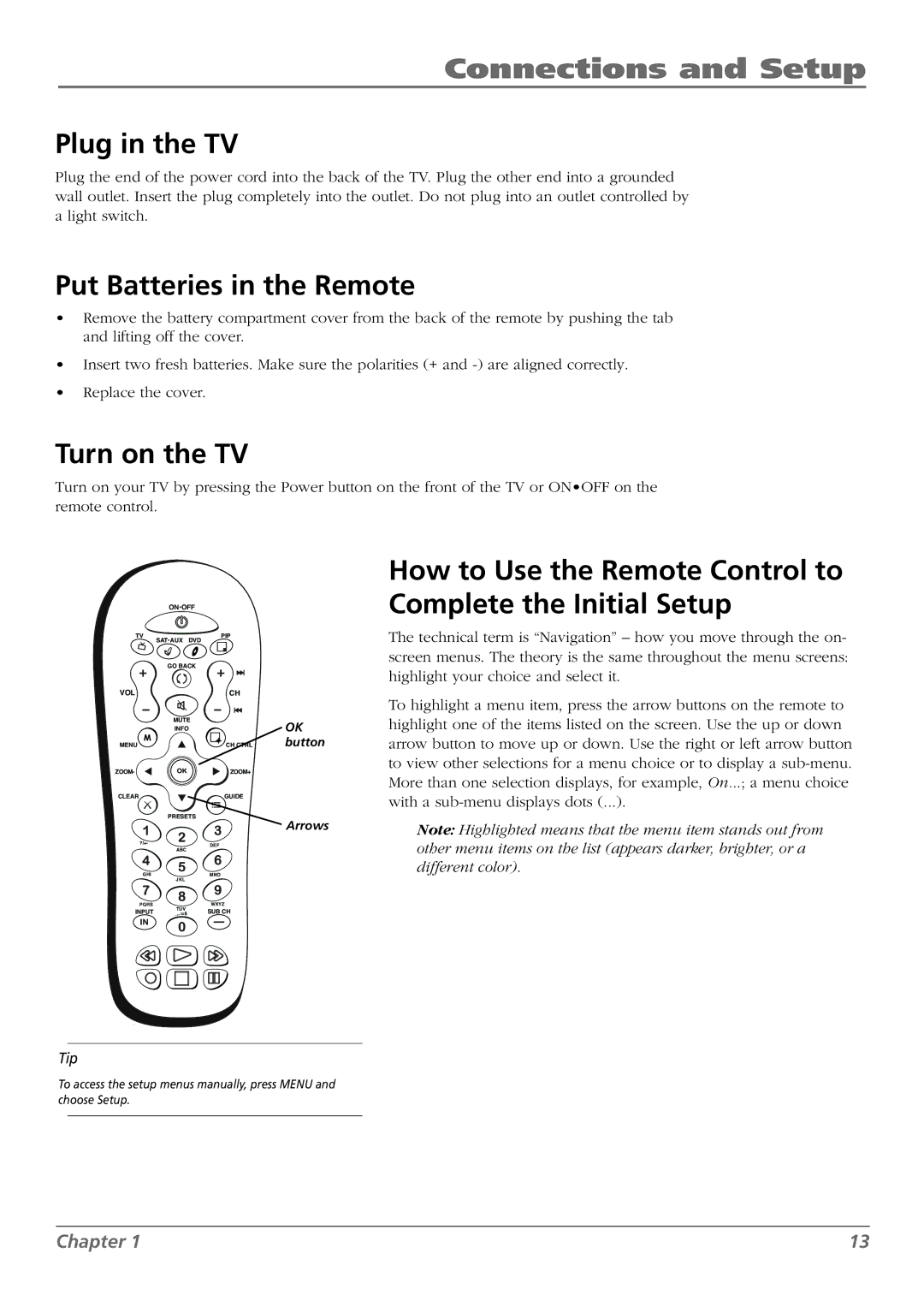 RCA L42FHD28 warranty Plug in the TV, Put Batteries in the Remote, Turn on the TV 