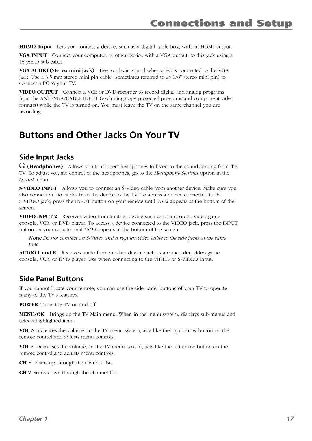 RCA L42FHD28 warranty Buttons and Other Jacks On Your TV, Side Input Jacks, Side Panel Buttons 