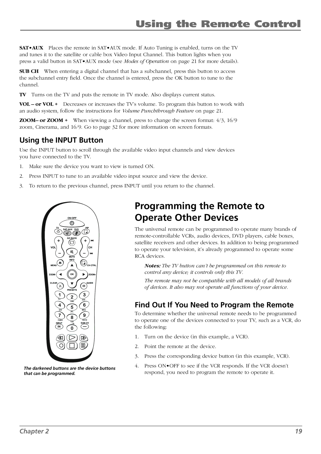 RCA L42FHD28 warranty Using the Remote Control, Programming the Remote to Operate Other Devices, Using the Input Button 