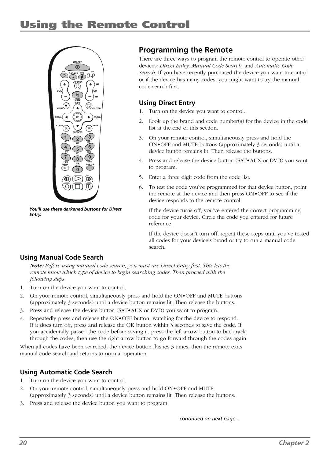 RCA L42FHD28 warranty Programming the Remote, Using Direct Entry, Using Manual Code Search, Using Automatic Code Search 