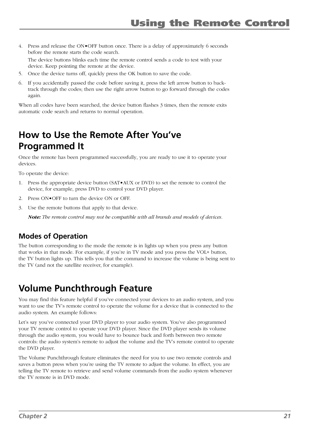 RCA L42FHD28 warranty How to Use the Remote After You’ve Programmed It, Volume Punchthrough Feature, Modes of Operation 