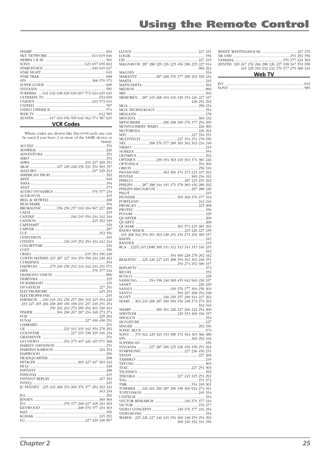 RCA L42FHD28 warranty VCR Codes, Web TV 