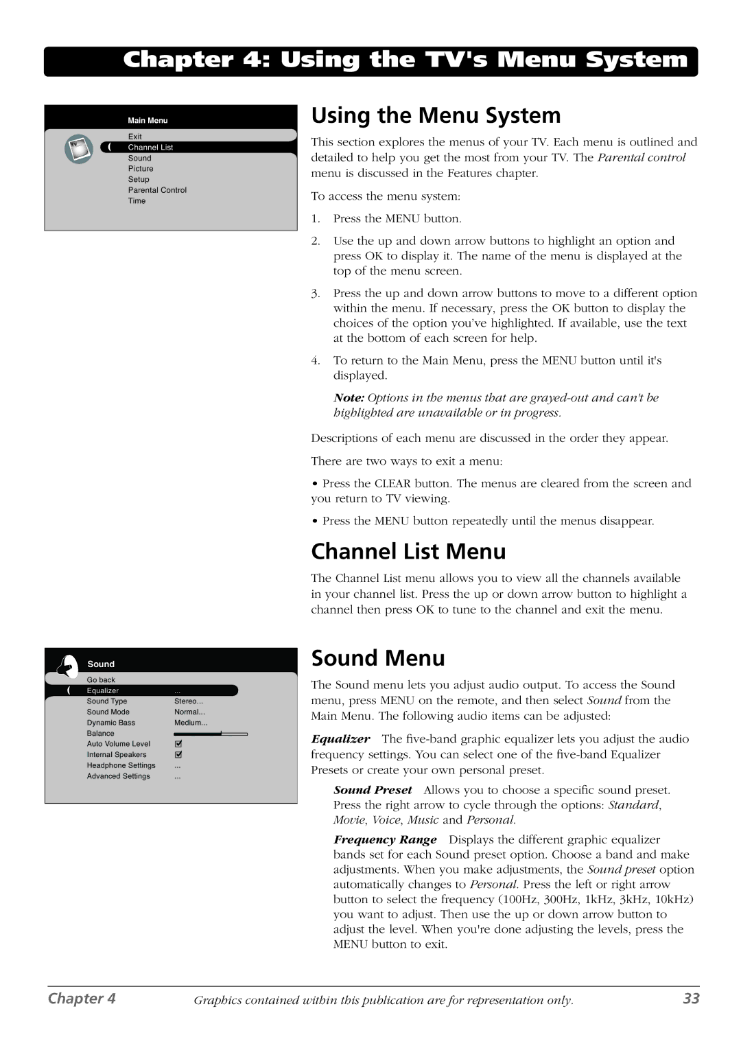 RCA L42FHD28 warranty Using the Menu System, Channel List Menu, Sound Menu 