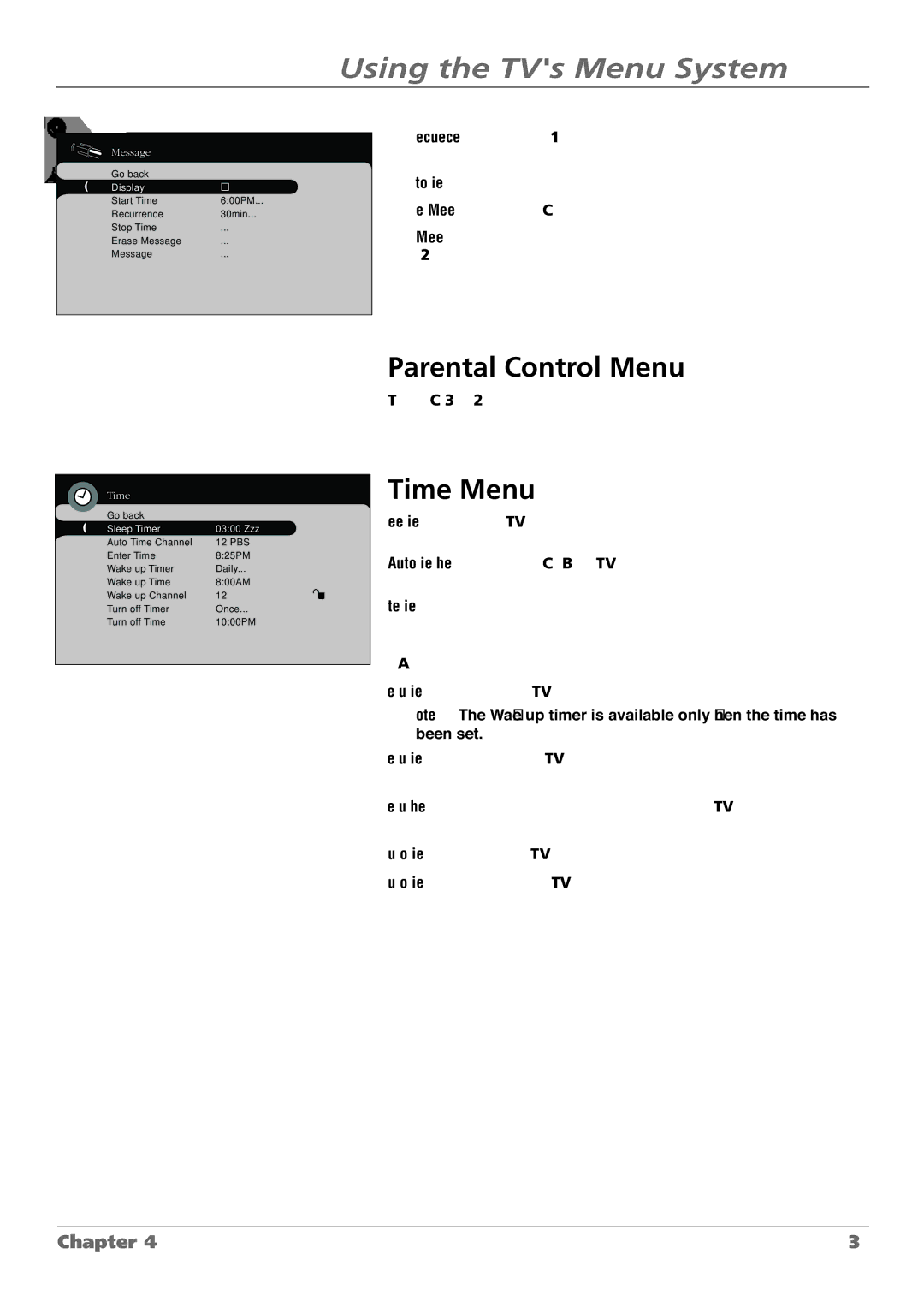 RCA L42FHD28 warranty Parental Control Menu, Time Menu 