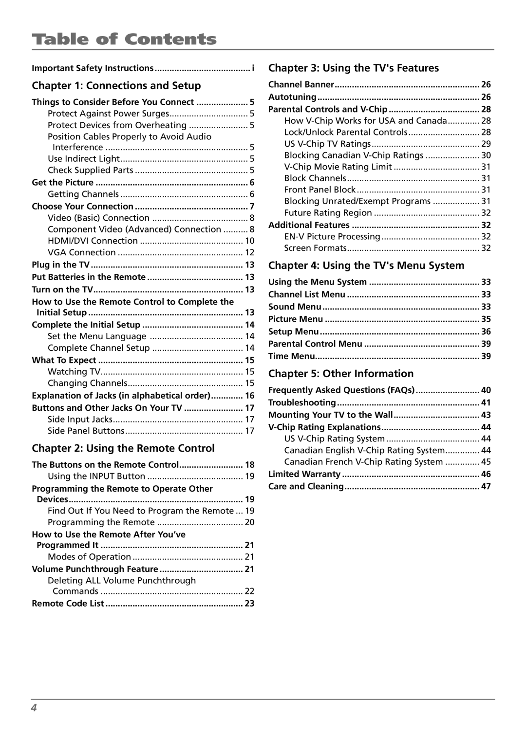 RCA L42FHD28 warranty Table of Contents 