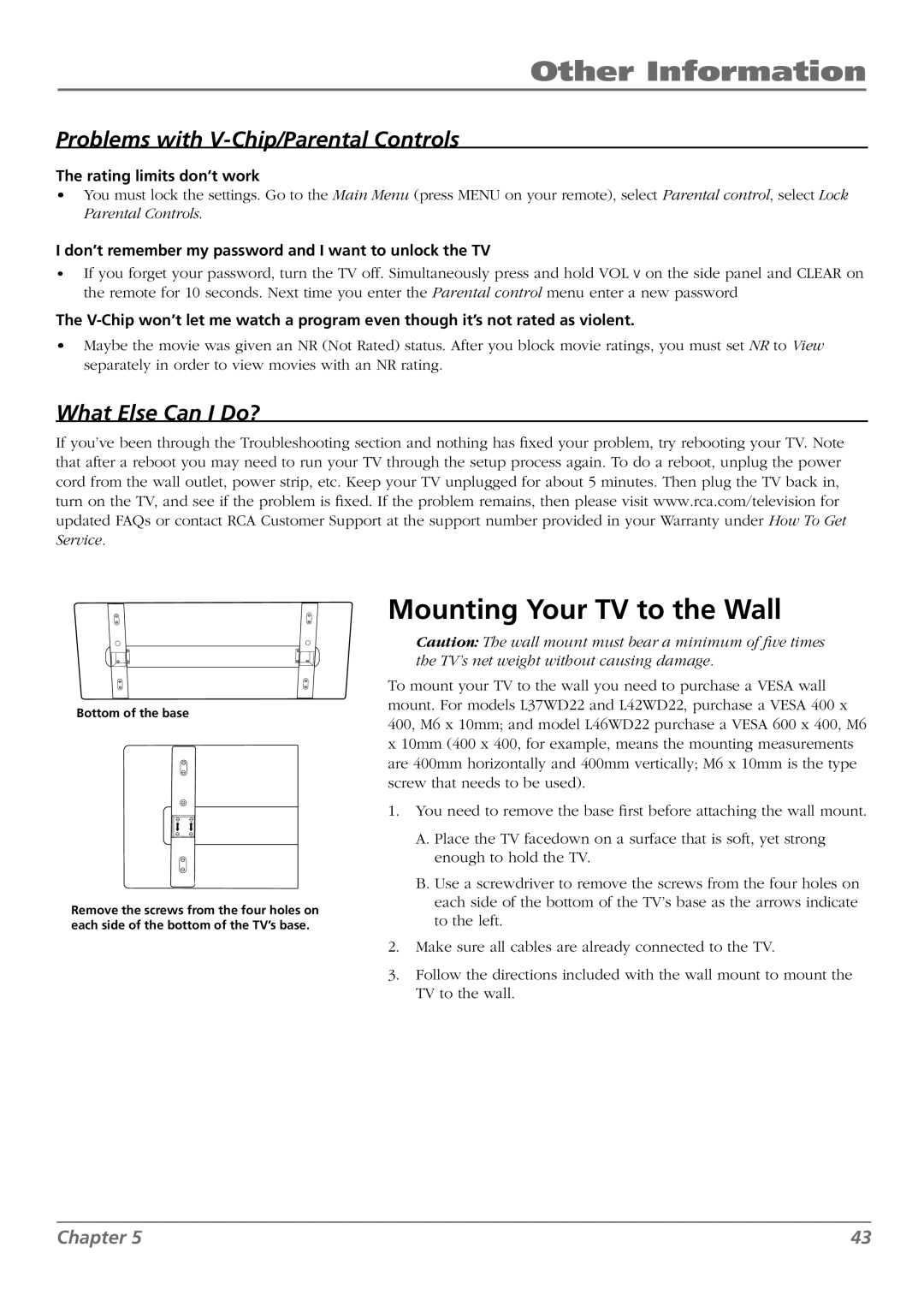 RCA L42FHD28 warranty Mounting Your TV to the Wall, Rating limits don’t work 