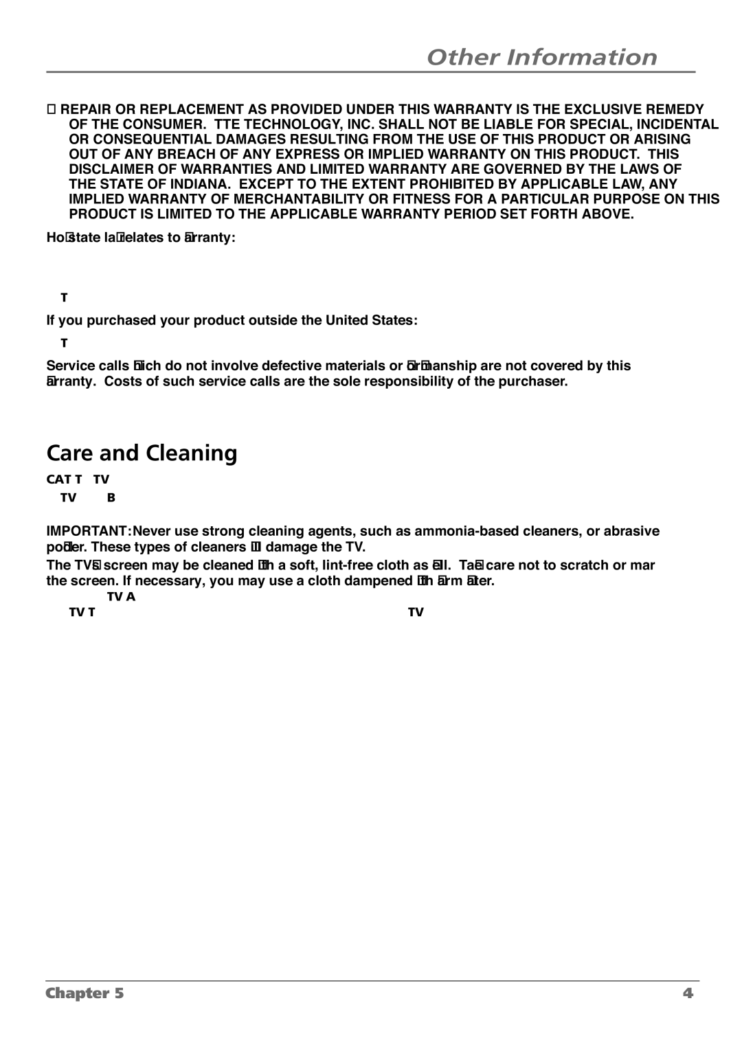 RCA L42FHD28 Care and Cleaning, How state law relates to warranty 