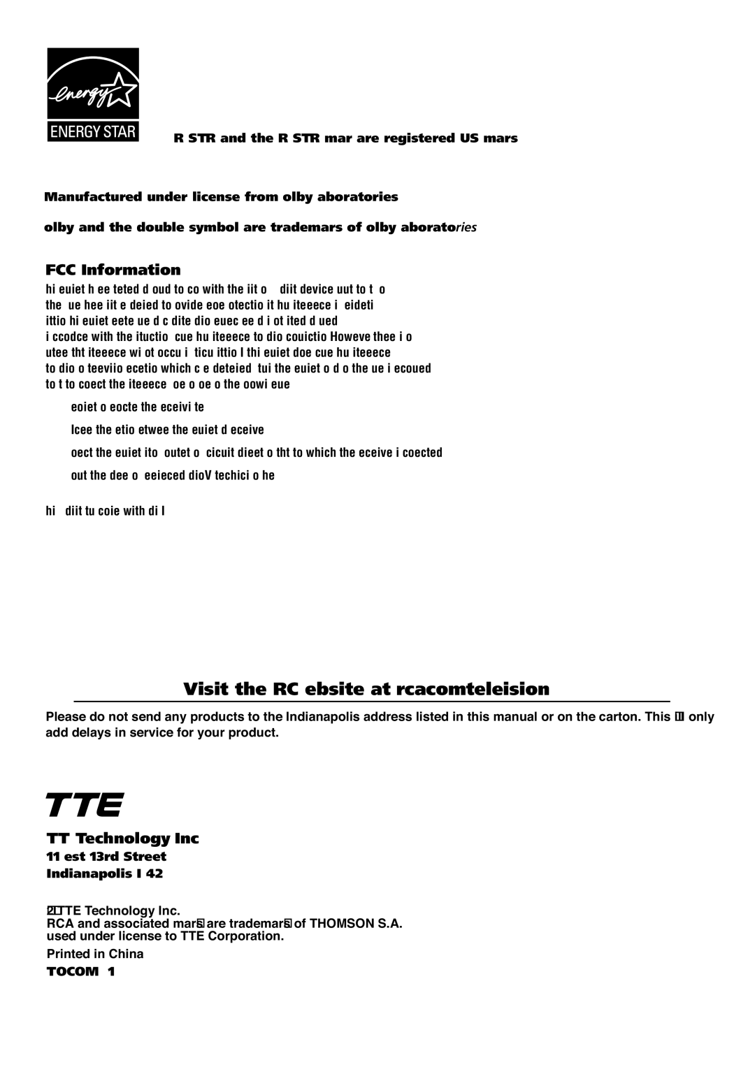 RCA L42FHD28 warranty FCC Information, TTE Technology, Inc, West 103rd Street Indianapolis, Tocom 