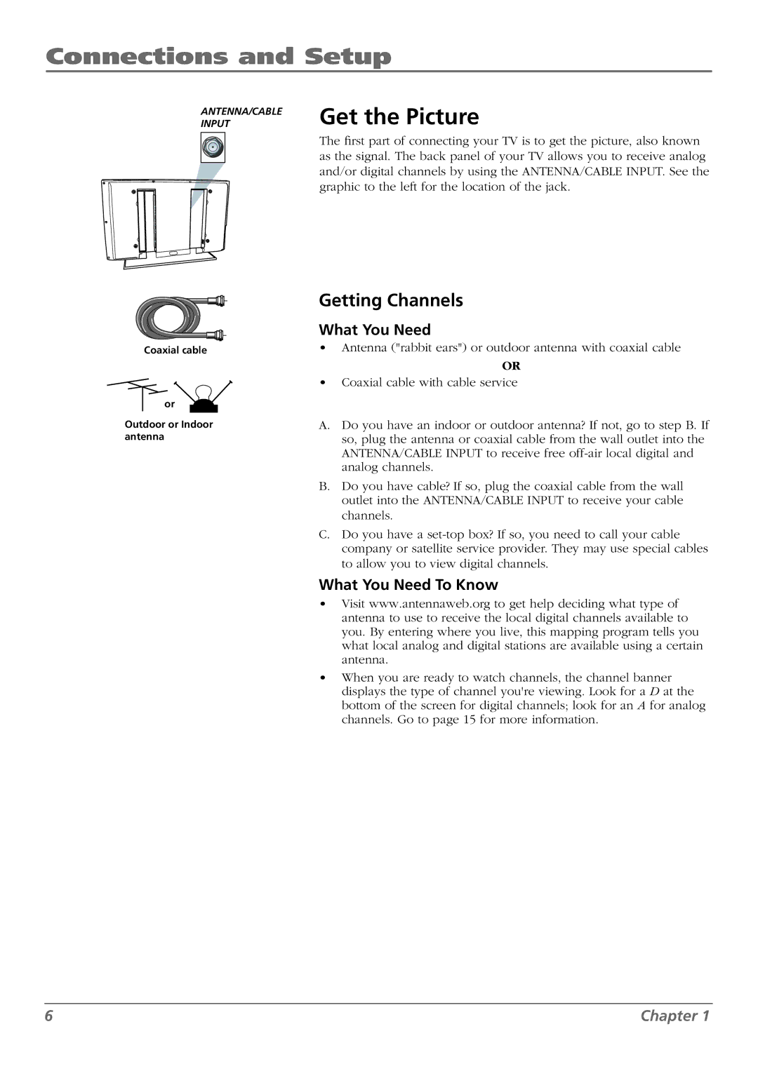 RCA L42FHD28 warranty Connections and Setup, Get the Picture, Getting Channels, What You Need To Know 